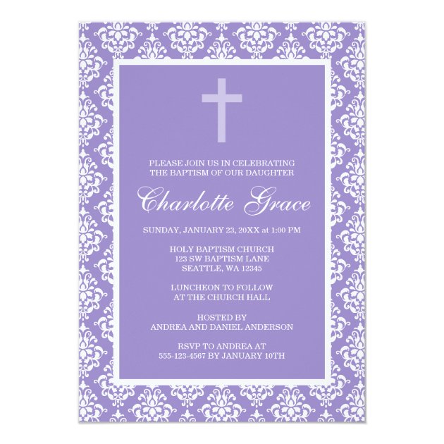Purple Damask Cross Girl Baptism Christening Invitation
