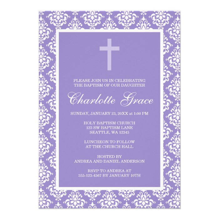 Purple Damask Cross Girl Baptism Christening Invitation