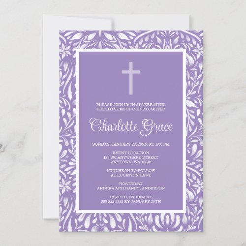 Purple Damask Cross Girl Baptism Christening Invitation