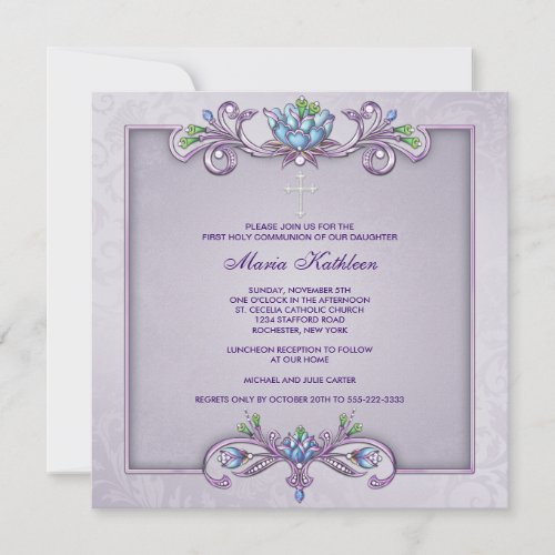 Purple Damask Cross Girls First Communion Custom Invitations