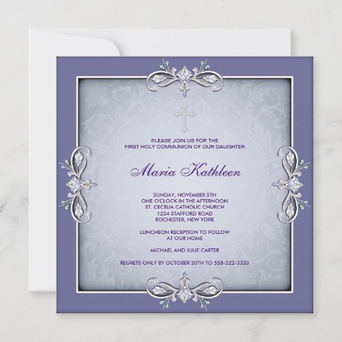 Purple Damask Cross Girls First Communion Custom Announcements