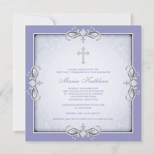 Purple Damask Cross Girls Purple First Communion Invite