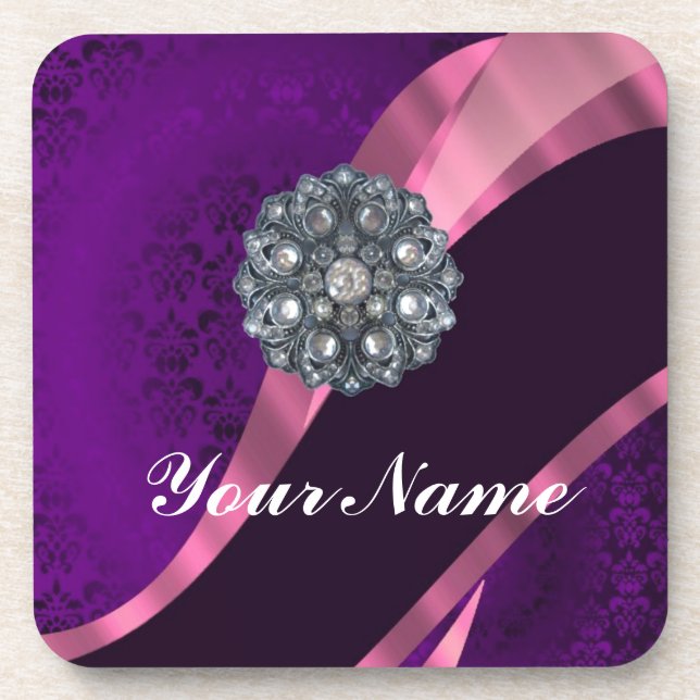 Purple damask & crystal drink coaster (Front)