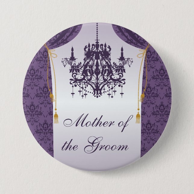 Purple Damask Curtain and Chandelier Bridal Party Pinback Button (Front)