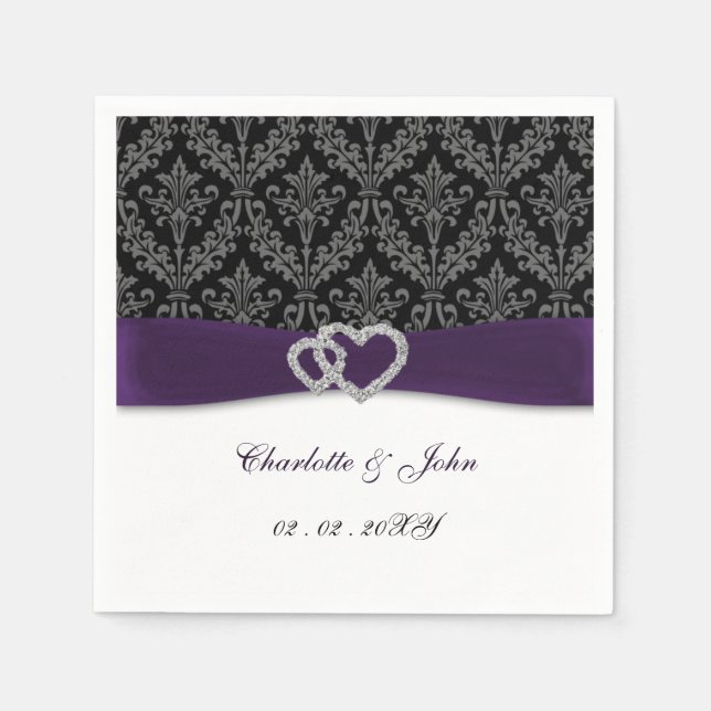 Purple Damask Diamante Wedding Classic  Napkins (Front)