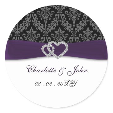 Purple Damask Diamante Wedding Classic Round Sticker