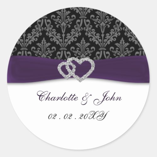 Purple Damask Diamante Wedding Classic Round Sticker