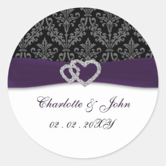 Purple Damask Diamante Wedding Classic Round Sticker
