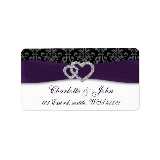 Purple Damask Diamante Wedding  Label (Front)