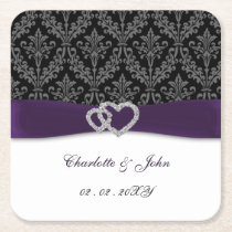 Purple Damask Diamante Wedding  Square Paper Coaster