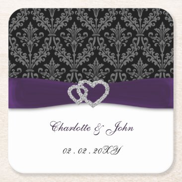 Purple Damask Diamante Wedding  Square Paper Coaster