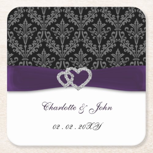 Purple Damask Diamante Wedding  Square Paper Coaster