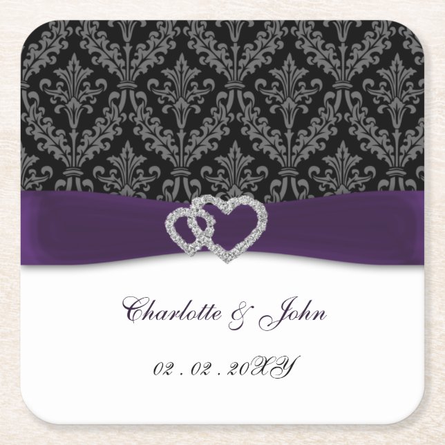 Purple Damask Diamante Wedding  Square Paper Coaster (Front)