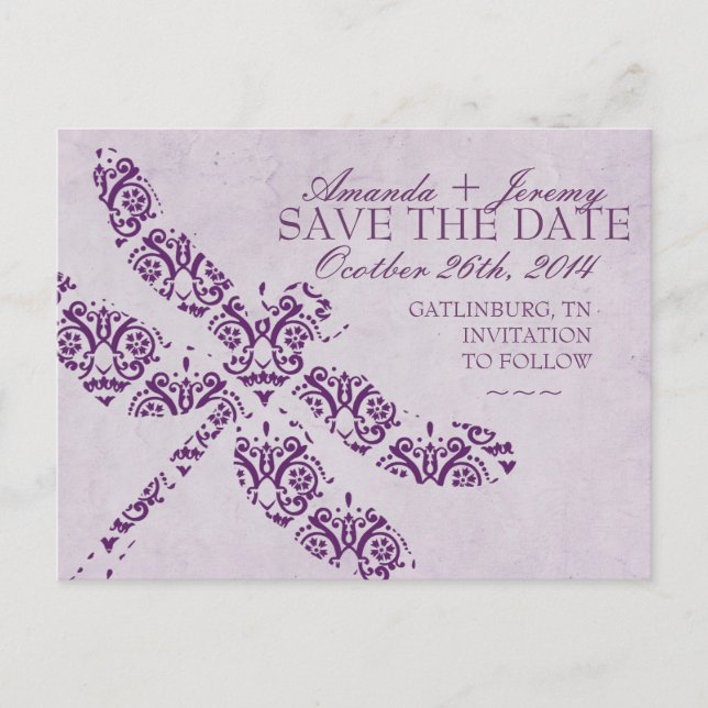 Purple Damask Dragonfly Wedding Announcement Postcard (Front)