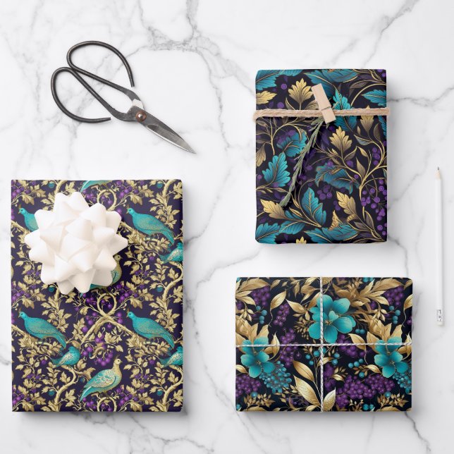 Purple Damask Floral Wrapping Paper Sheets (Front)