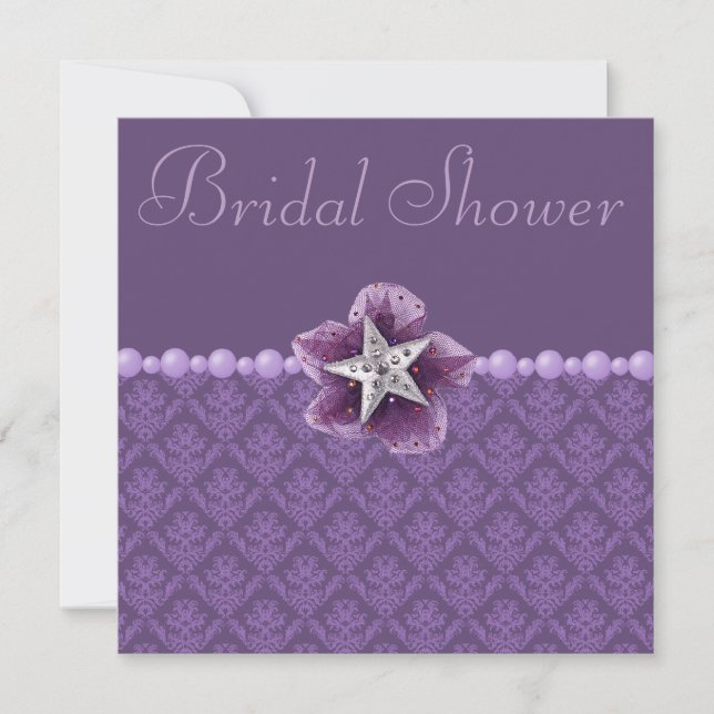Purple Damask, Flower, Star & Pearls Bridal Shower Invitation (Front)