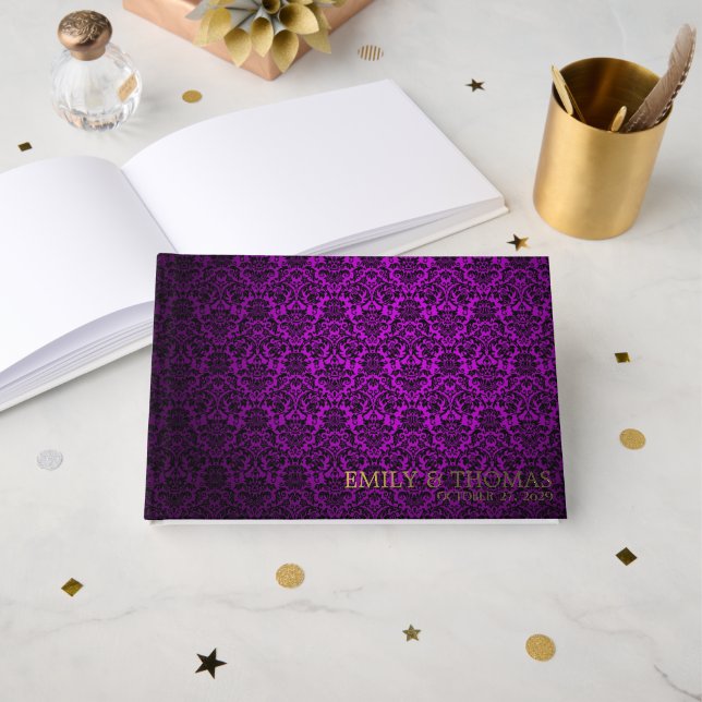 Purple Damask Foil Guest Book (Front Open)
