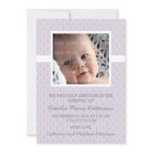 Purple Damask Frame Photo Baby Announcement