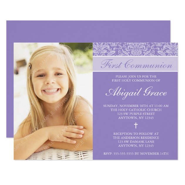 Purple Damask Girl Photo First Communion Card