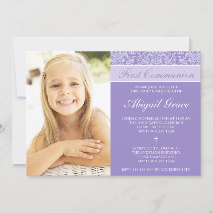 Purple Damask Girl Photo First Communion Invitation | Zazzle