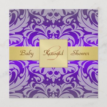 Purple Damask Gold Ribbon Baby Shower Invitation by TheInspiredEdge at Zazzle