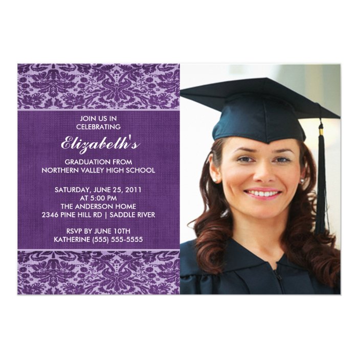 Purple Damask Graduation Invitation with Photo