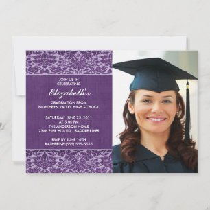 Purple Damask Graduation Invitation with Photo