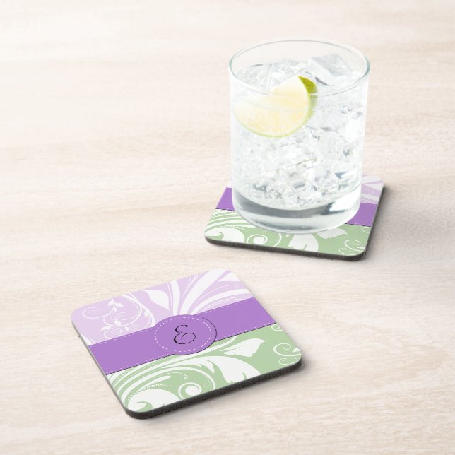 Purple Damask, Green Damask, Monogram Drink Coaster (Right Side)