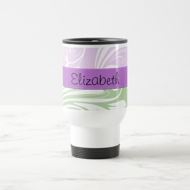 Purple Damask, Green Damask, Your Name Travel Mug (Center)