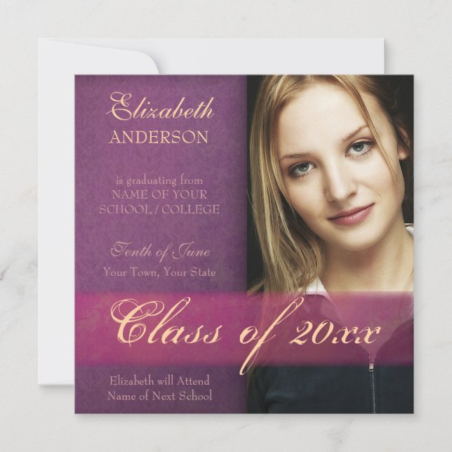 Purple Damask Grunge Graduation Announcement (Front)