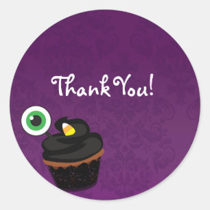 Purple Damask Halloween Cupcake Party Sticker