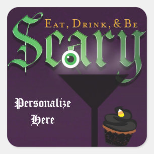 Purple Damask Halloween Eat Drink Party Sticker