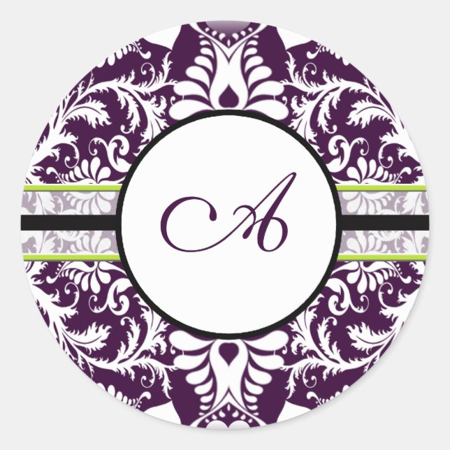 Purple Damask Initial Sticker Letter A Wedding (Front)