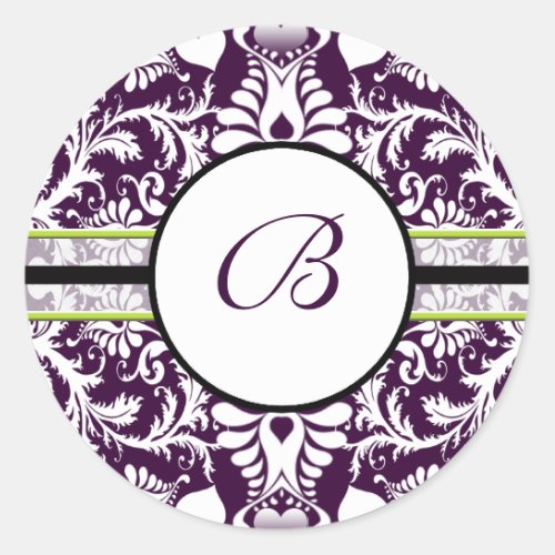 Purple Damask Initial Sticker Letter B Wedding