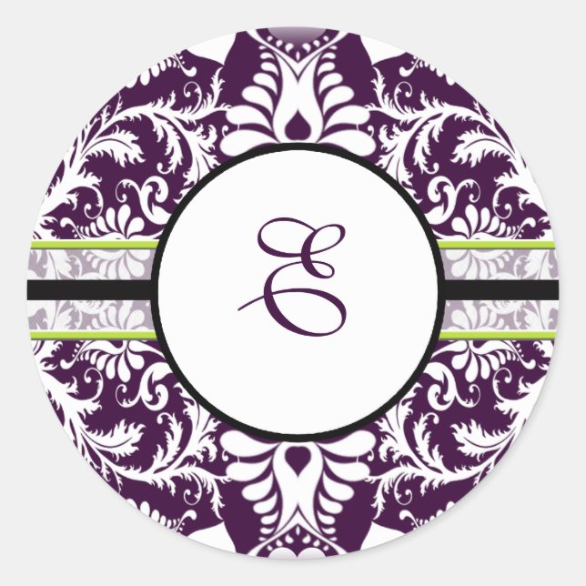 Purple Damask Initial Sticker Letter E Wedding (Front)