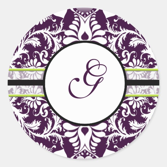 Purple Damask Initial Sticker Letter G Wedding (Front)