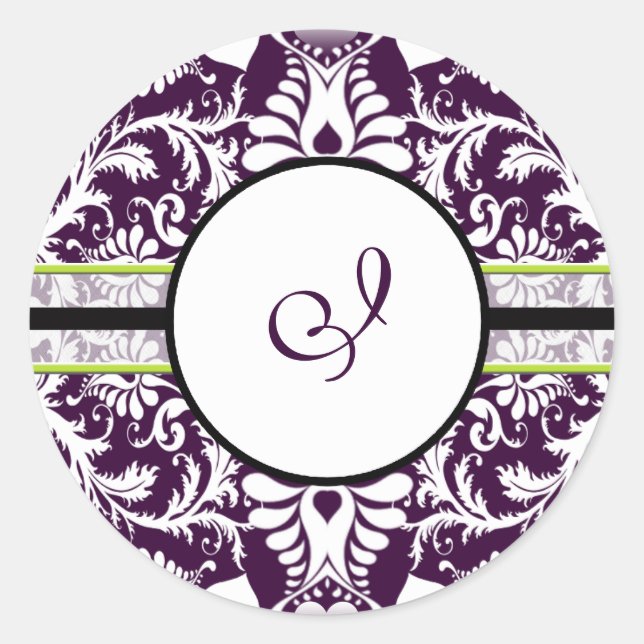 Purple Damask Initial Sticker Letter I Wedding (Front)