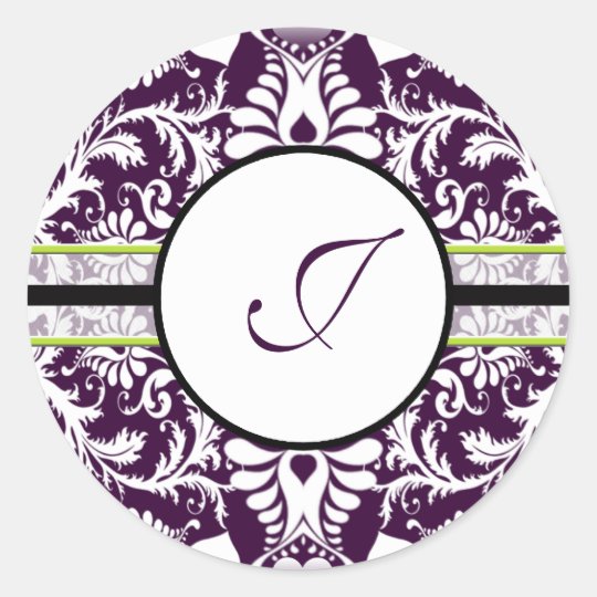Purple Damask Initial Sticker Letter J Wedding