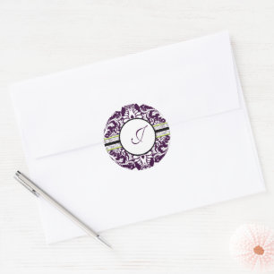 Purple Damask Initial Sticker Letter J Wedding