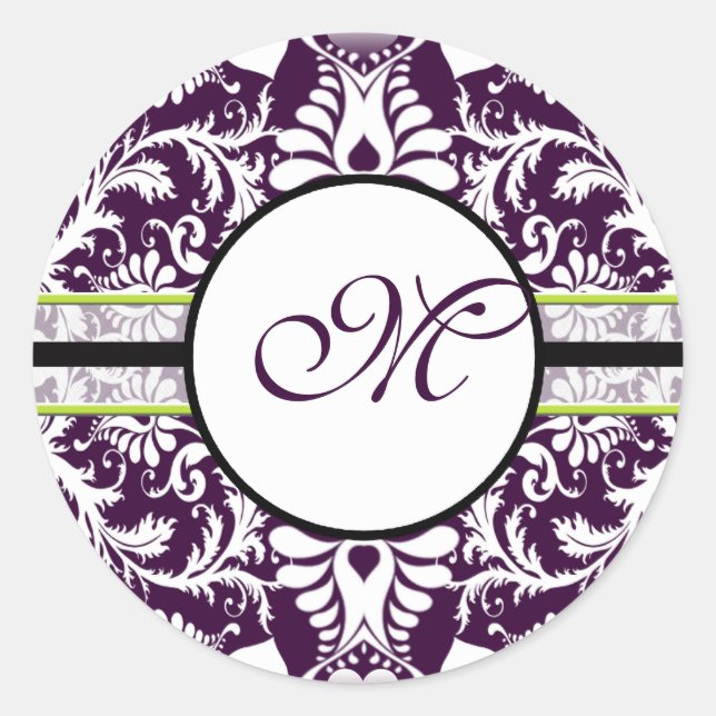 Purple Damask Initial Sticker Letter M Wedding (Front)