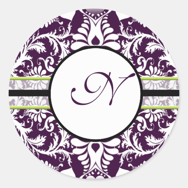 Purple Damask Initial Sticker Letter N Wedding (Front)