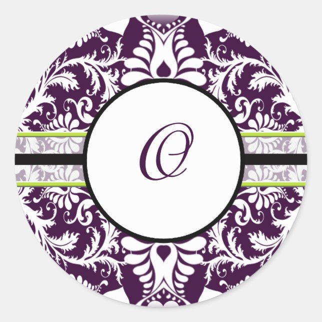 Purple Damask Initial Sticker Letter O Wedding (Front)