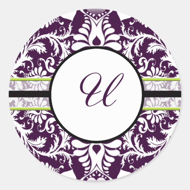 Purple Damask Initial Sticker Letter U Wedding (Front)