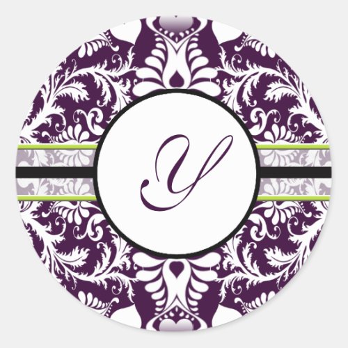 Purple Damask Initial Sticker Letter Y Wedding