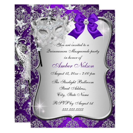 Purple Damask Mask Quinceanera Masquerade Invite Purple Damask Mask Quinceanera Masquerade Invite