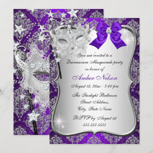 Purple Damask Mask Quinceanera Masquerade Invite