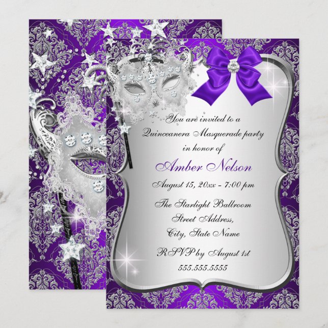 Purple Damask Mask Quinceanera Masquerade Invite (Front/Back)