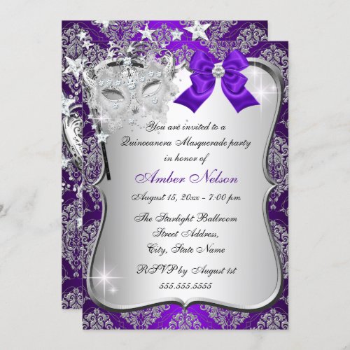 Purple Damask Mask Quinceanera Masquerade Invite