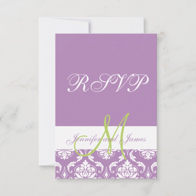 Purple Damask Monogram Photo Wedding RSVP Card (Front)