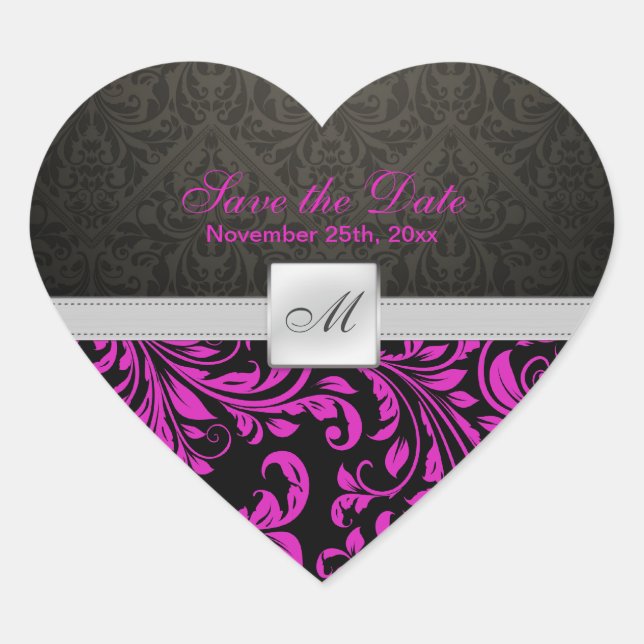 Purple Damask Monogram Save the Date stickers (Front)